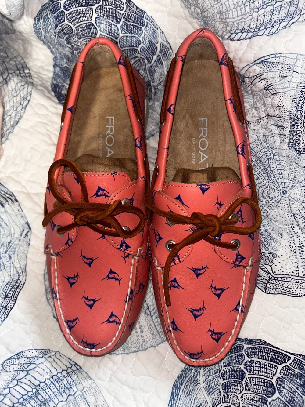Froats coral with blue sailfish Printed Leather Boat Loafers with Brown Laces